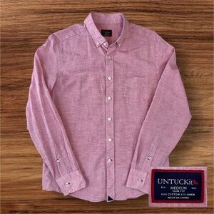Untuckit Men’s Pink Long Sleeve Linen Button-Down Shirt. Slim Fit Medium